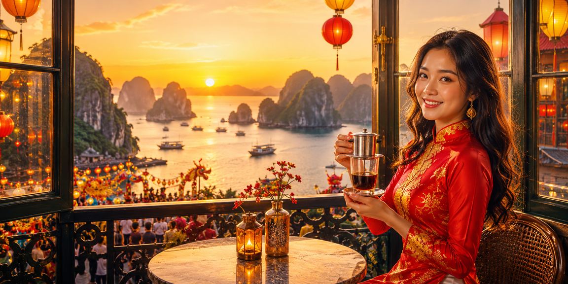 Người chơi thưởng thức cà phê và trải nghiệm cá cược trực tuyến bên vịnh Hạ Long
